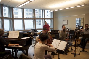 eighth blackbird fits in a rehearsal during the Curtis Residency. The ensemble enjoyed a dedicated room during their residency. From Left to right: Lisa Kaplan, Yvonne Lam, Nick Photinos, Matthew Duvall, Michael Macceferri, and former member Tim Munro. 