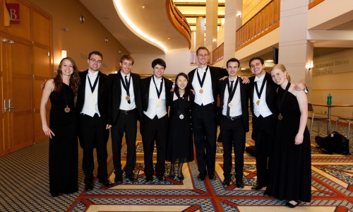 Members of Project Fusion and Midic Winds pose with their medals after the completion of the 2013 Fischoff National Chamber Music Competition. From left: Rebecca Tobin, Matt Evans, Quinn Delaney, Matt Amedio, June Kim, Michael Sawzin, Russell Rybicki, Dannel Espinoza, Johanna Gruskin. (Photo courtesy of Fischoff National Chamber Music Association and  photographer Josef Samuel.)