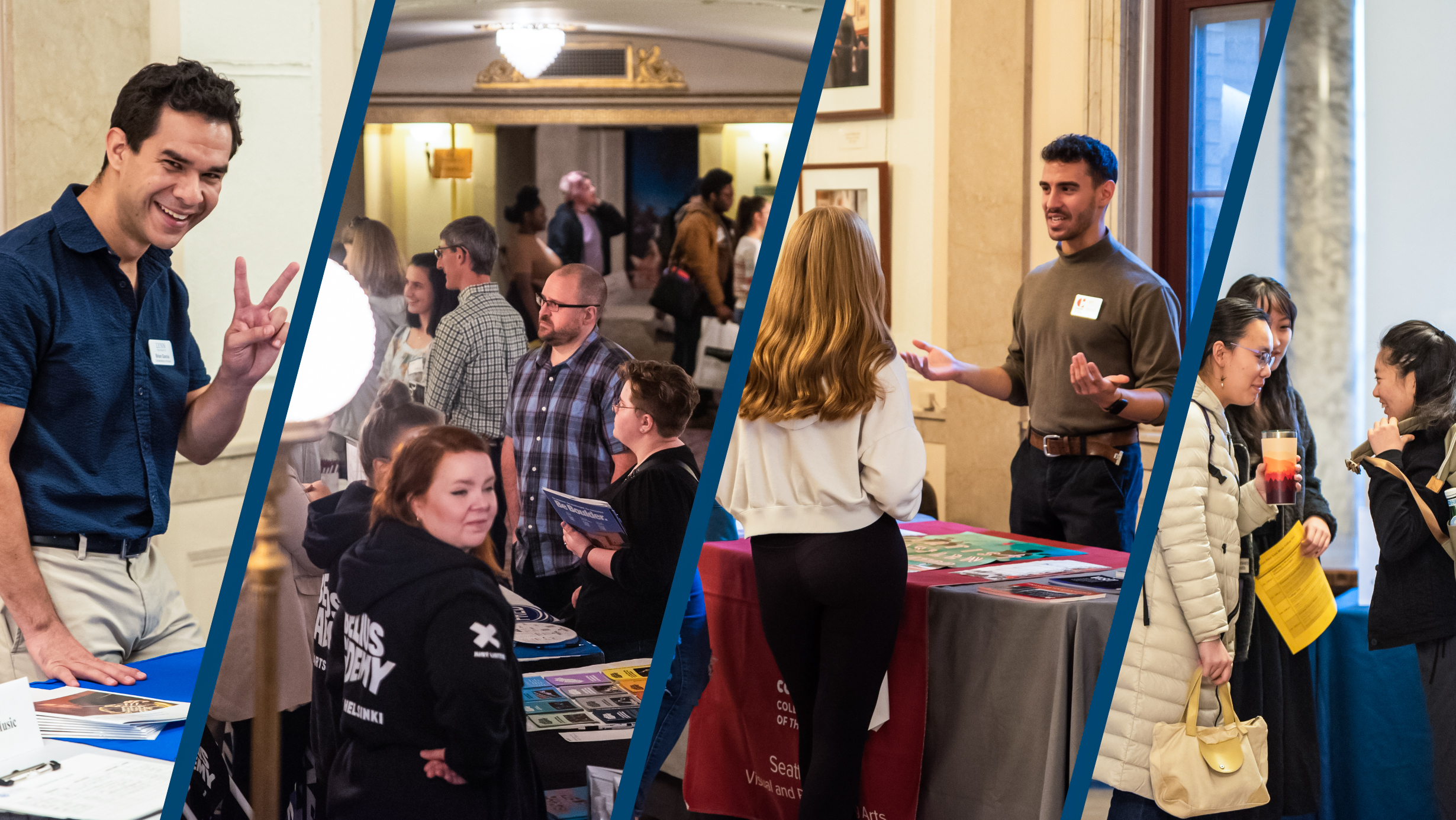 A collage of different photos of people milling about and interacting at College fairs and events