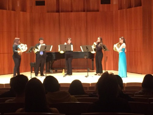 Left to right: hornists Emily Buehler, William Bard, Nikki LaBonte, Chelsea Nelson, and Abby Black performing at a recent recital