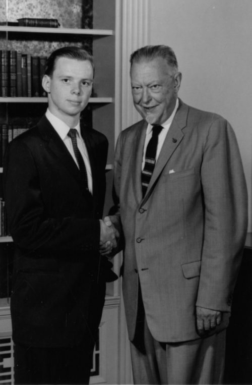 Bassoonist Richard Rodean, BM ’62, MM ’64, here seen with Dr. Hanson following the 1961-62 tour. Mr. Rodean’s travel diary, in which he wrote daily, represents the most detailed extant account of the tour.