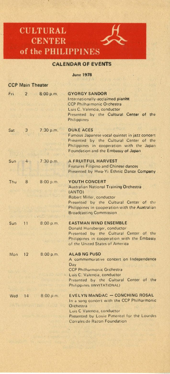 Calendar of events for the Cultural Center of the Philippines in Manila, showing the EWE’s June 11th concert. Calendar of events for the Cultural Center of the Philippines in Manila, showing the EWE’s June 11th concert.