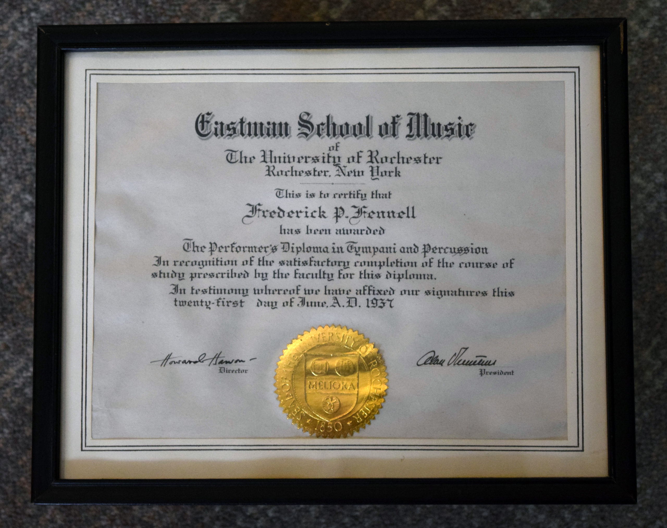 Fennell’s Performer’s diploma from ESM (1937)