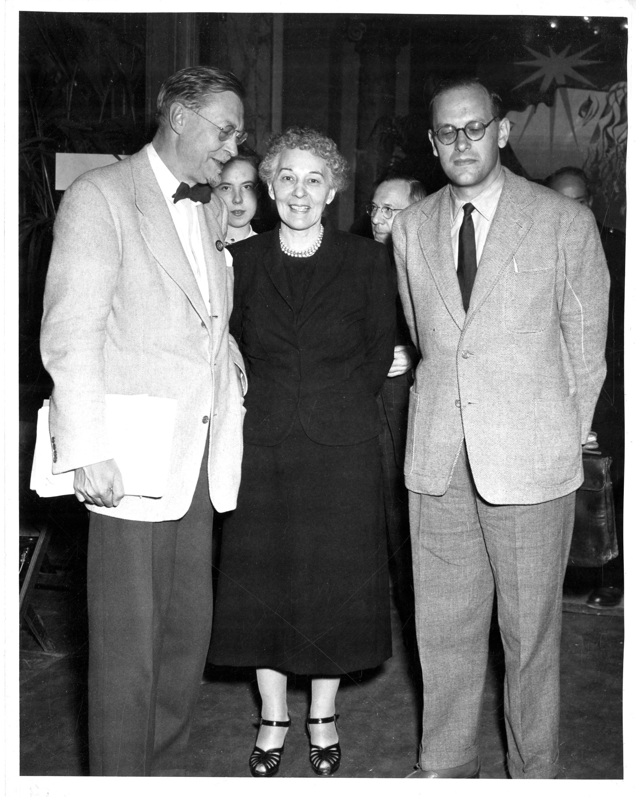 Dr. Howard Hanson (U.S.A.), Mrs. Charles W. Tillett (wife of Charles Walter Tillett (U.S.A.), attorney and supporter of the United Nations), and Professor Vittore Branca (Italy). UNESCO Fourth General Conference, Paris, September 19th/October 5th, 1949. Photo by the United States Information Service. Howard Hanson Collection.
