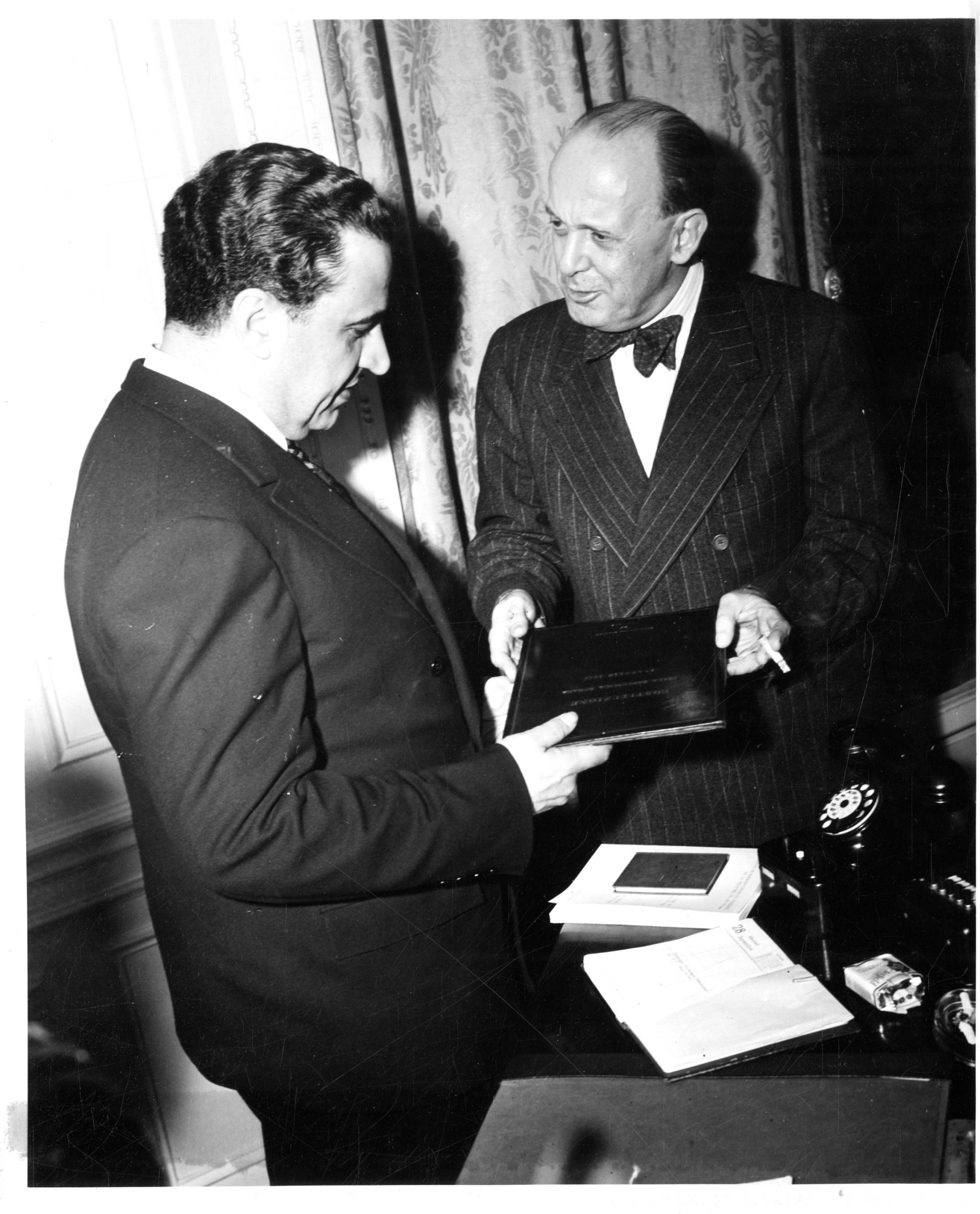 UNESCO Secretary-General Dr. Jaime Torres Bodet and the Honorable Pietro Quaroni, Italian Ambassador to France. UNESCO Fourth General Conference, Paris, September 19th/October 5th, 1949. Photo by the United States Information Service. Howard Hanson Collection.