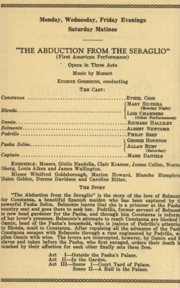 1926 November 1 Rochester Opera Company program page 2 Printed program for the week-long engagement in Kilbourn Hall, promoting the American premiere of Mozart’s opera The Abduction from the Seraglio