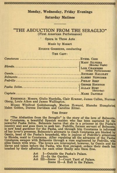 Printed program for the week-long engagement in Kilbourn Hall, promoting the American premiere of Mozart’s opera The Abduction from the Seraglio