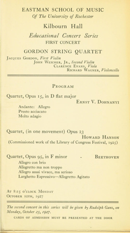 Concert program of the Gordon String Quartet’s first appearance at Eastman.