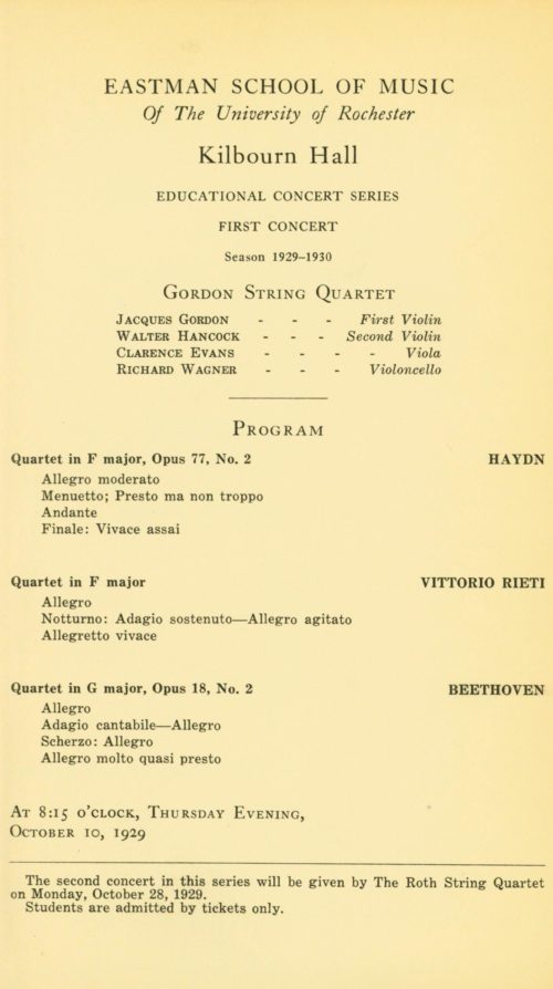 Concert program of the Gordon String Quartet’s second appearance at Eastman.