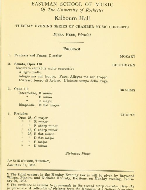 printed program, Myra Hess, January 31, 1933
