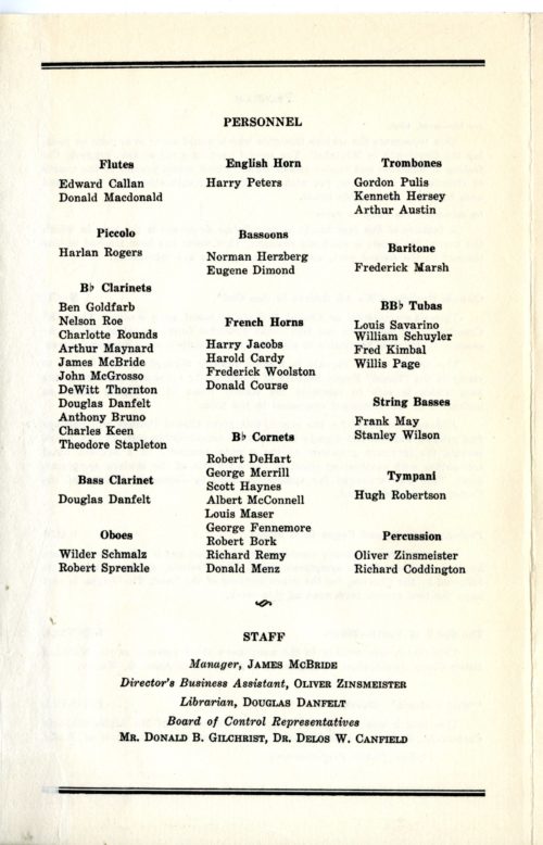 Printed program for the UR Symphony Band’s first-ever concert, given on March 18th, 1935