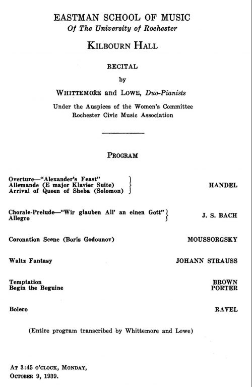 1939 October 9 Whittemore and Lowe Dual Piano Recital