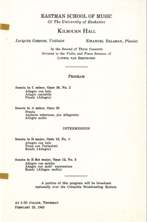 Concert program from one of Jacques Gordon’s solo recitals at Eastman.