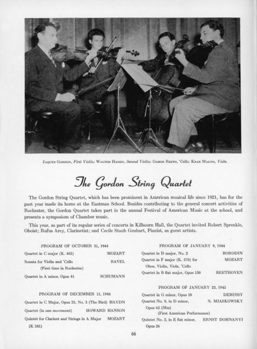 Full-page coverage of the Gordon String Quartet in the Eastman School’s 1944 yearbook.