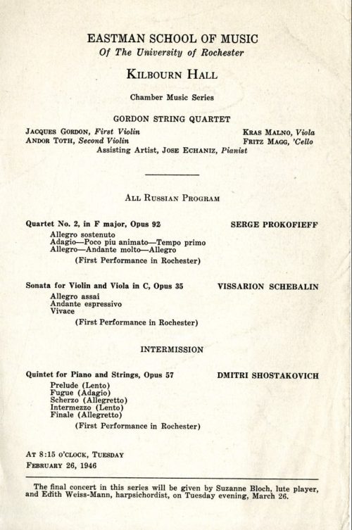 Concert program from one of the Gordon String Quartet’s Eastman School recitals.