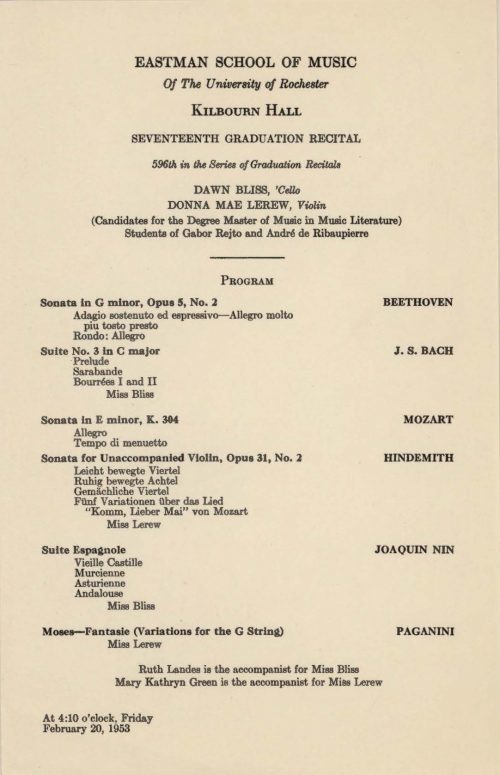 1953 February 20 Graduation Recital Dawn Bliss and Donna Mae Lerew