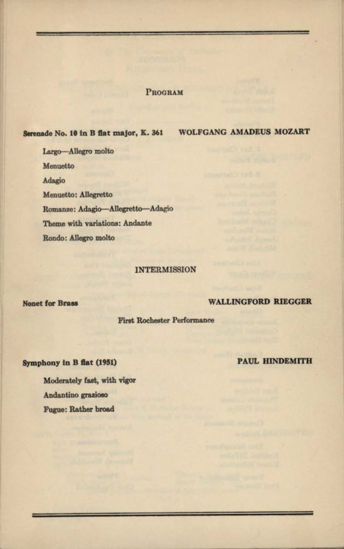 printed program, debut concert on February 8th, 1953. Eastman School of Music Archives