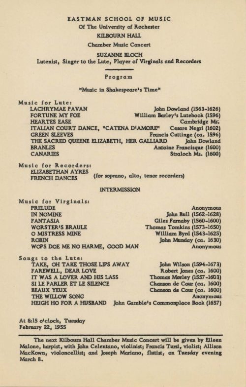 1955 February 22 Suzanne Bloch Music in Shakespeare's Time