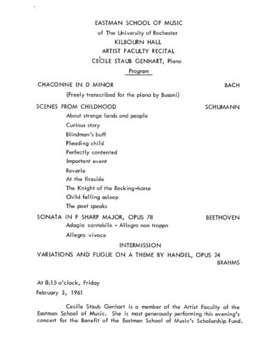 1961 February 3 Cecile Staub Genhart Recital program performed by faculty member Cecile Staub
