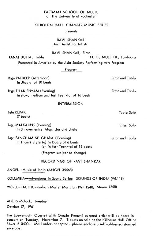 This concert marked Ravi Shankar’s first appearance at Eastman. His later appearance will be described in a future entry of “This Week at Eastman”.