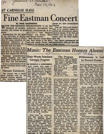 1962 November 17 Eastman Concert at Carnegie Hall Newspaper Clipping