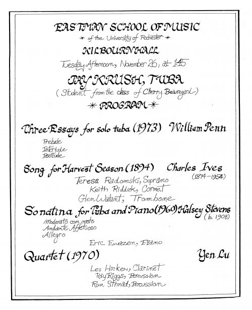 1974 November 26 Calligraphy Program for Jay Crush on Tuba