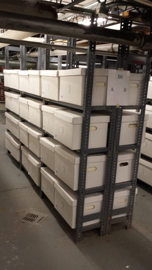 white Hollinger boxes line the rows of shelving