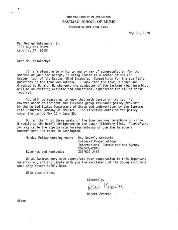 Letter from Eastman director Robert Freeman to members of the EWE selected for the 1978 EWE tour. Letter from Eastman director Robert Freeman to members of the EWE selected for the 1978 EWE tour.