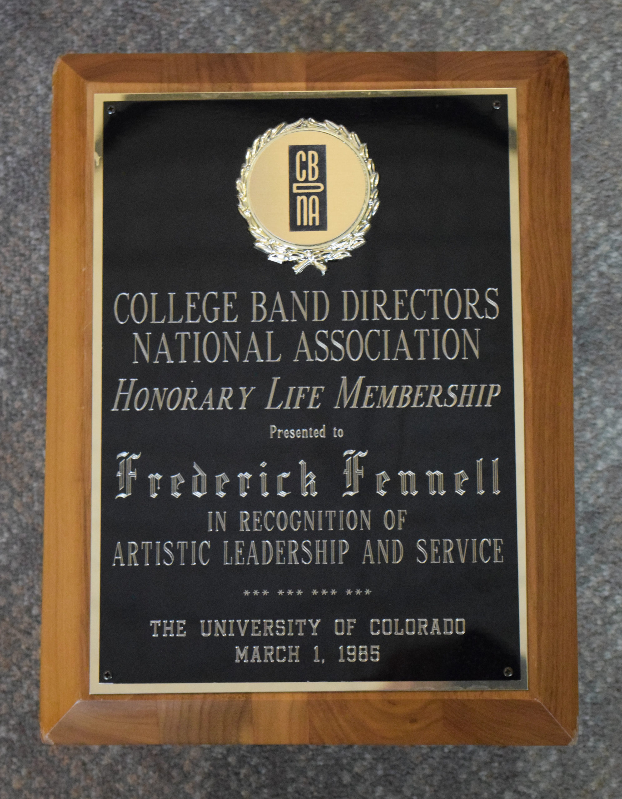 In 1985, Fennell was named Honorary Life Member of the College Band Directors National Association in formal recognition of his exemplary contributions to the welfare of college and university bands.