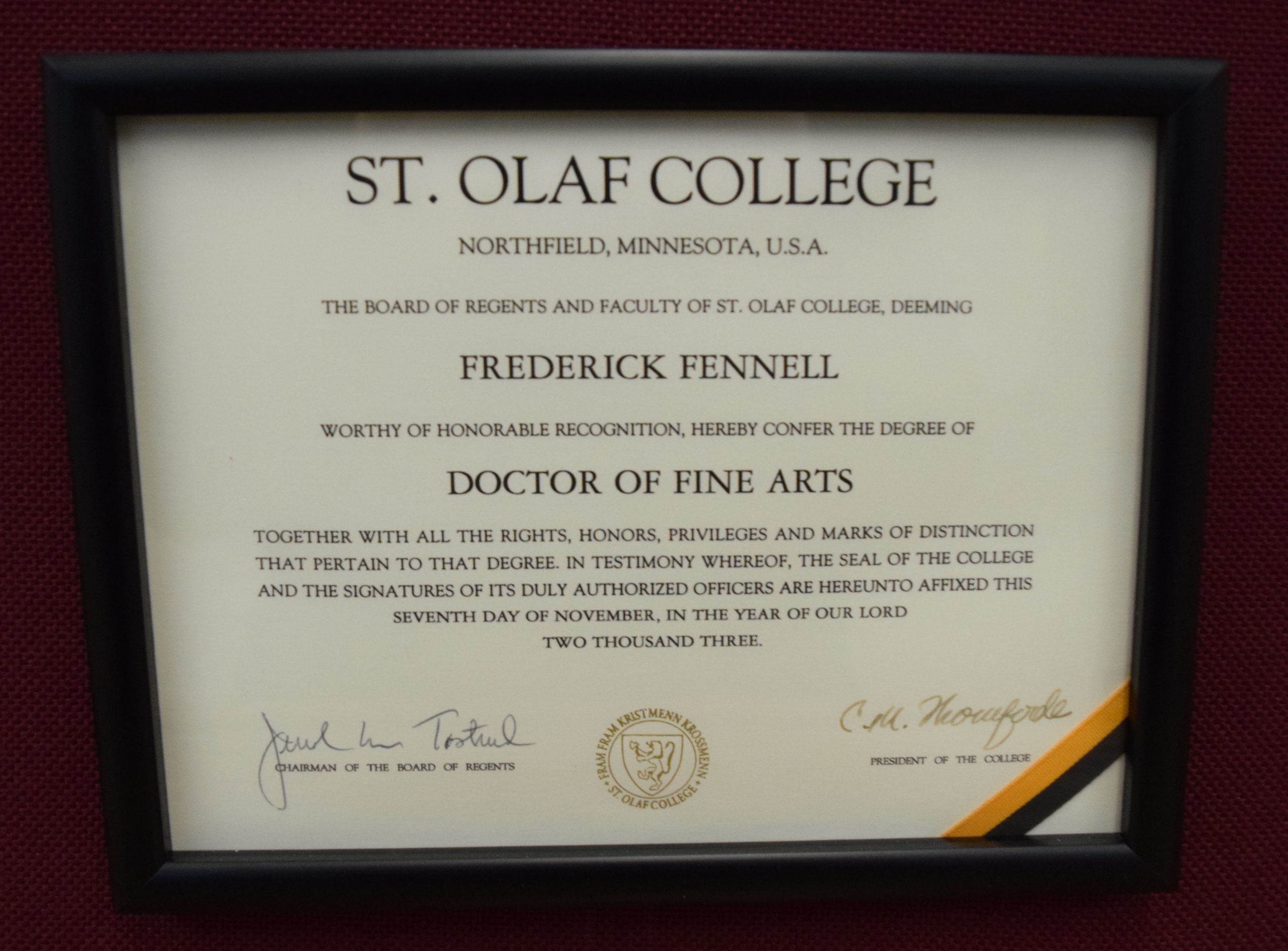 St Olaf College honorary doctorate diploma