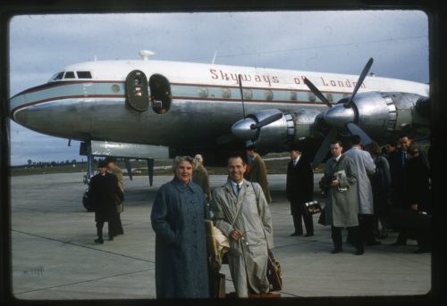 A photo taken by Dr. Hanson on arrival at Madrid. Frederick Fennell and Mrs. Hanson (one of the tour chaperones) after de-planing from the DC-6.