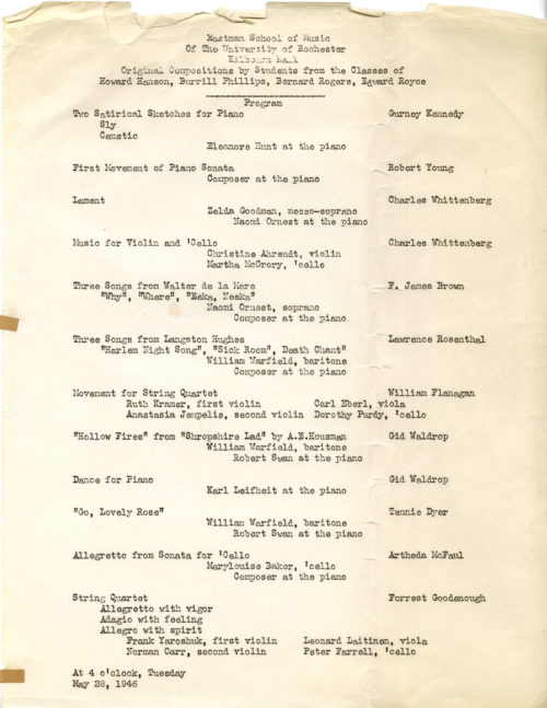 8 1946 May 28 Original Compositions COLOR From the chronological file of concert programs, Eastman School of Music Archives. Music by William Flanagan was programmed in at least two concerts of Original Compositions during his years at Eastman.