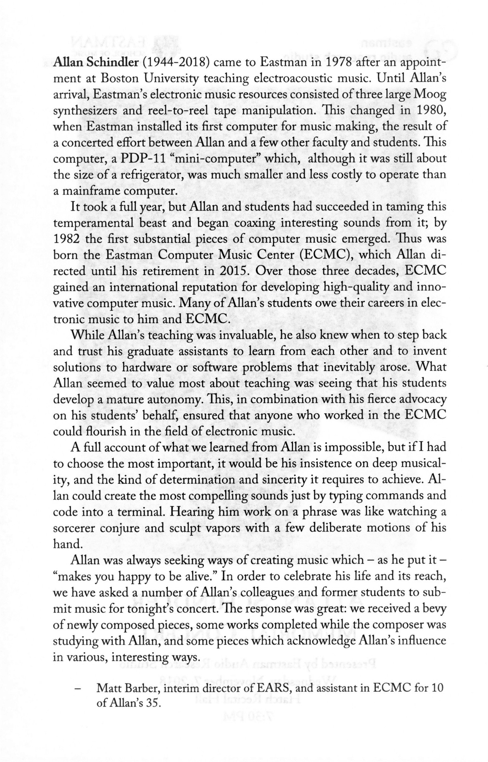 Allan Schindler memorial concert program