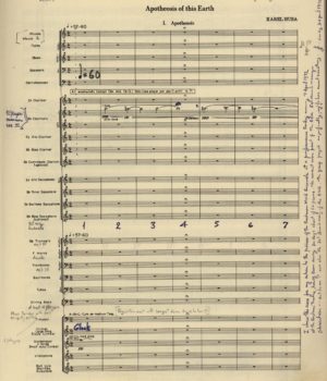 Apotheosis of this Earth Page 1 Fist page of music from the score of Apotheosis of This Earth by Karel Husa, annotated by conductor Fennell. Frederick Fennell Collection, Sibley Music Library.