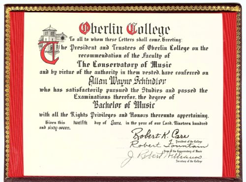 Bachelor of Music diploma, Oberlin College (June 1967)