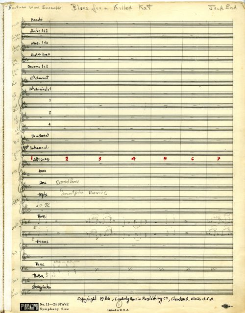 First page of music from the autograph manuscript full score of Blues for a Killed Cat by Jack End, made specially for the Eastman Wind Ensemble. Frederick Fennell Collection.