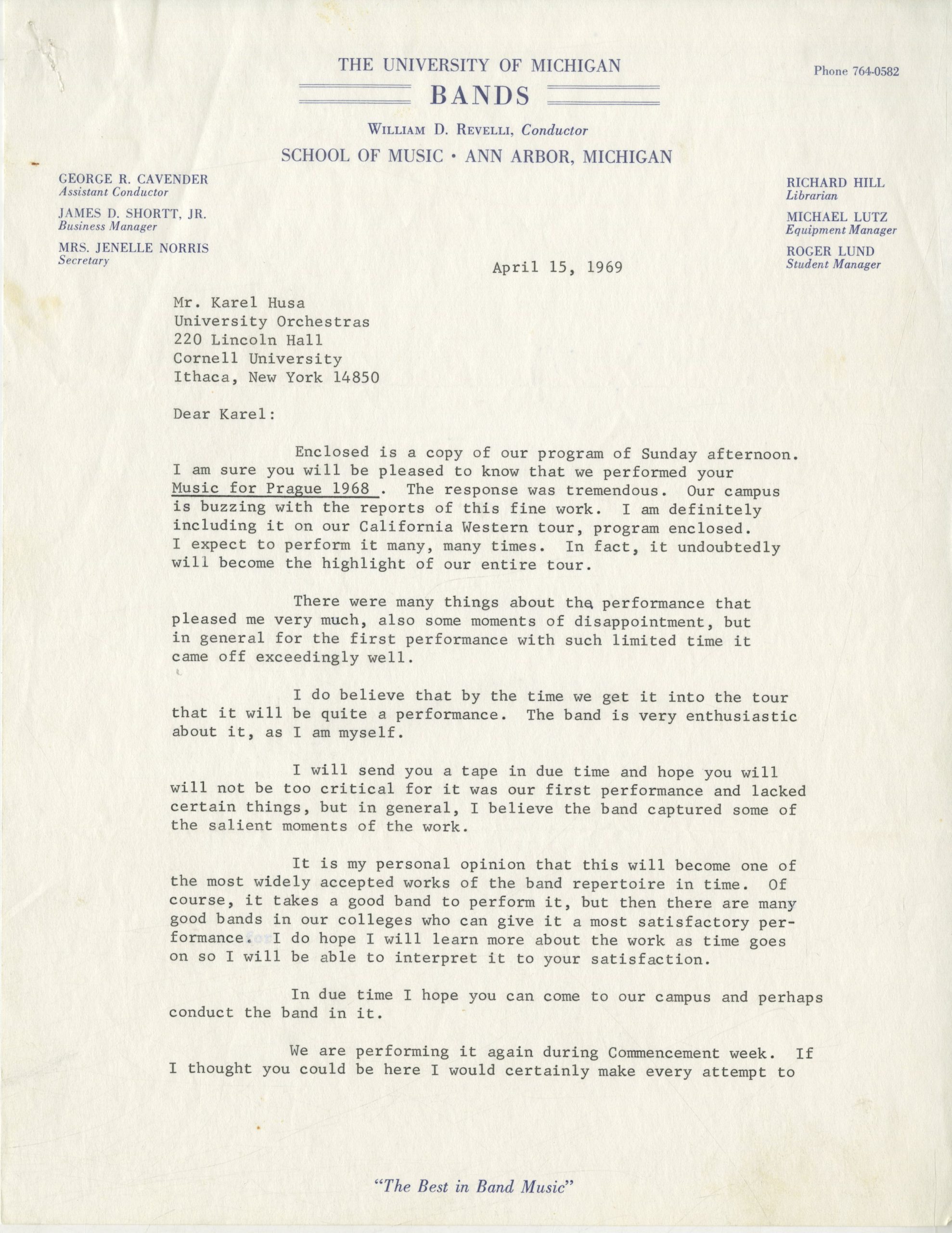 April 1969 letter from William Revelli (page 1). April 1969 letter from William Revelli (page 1).