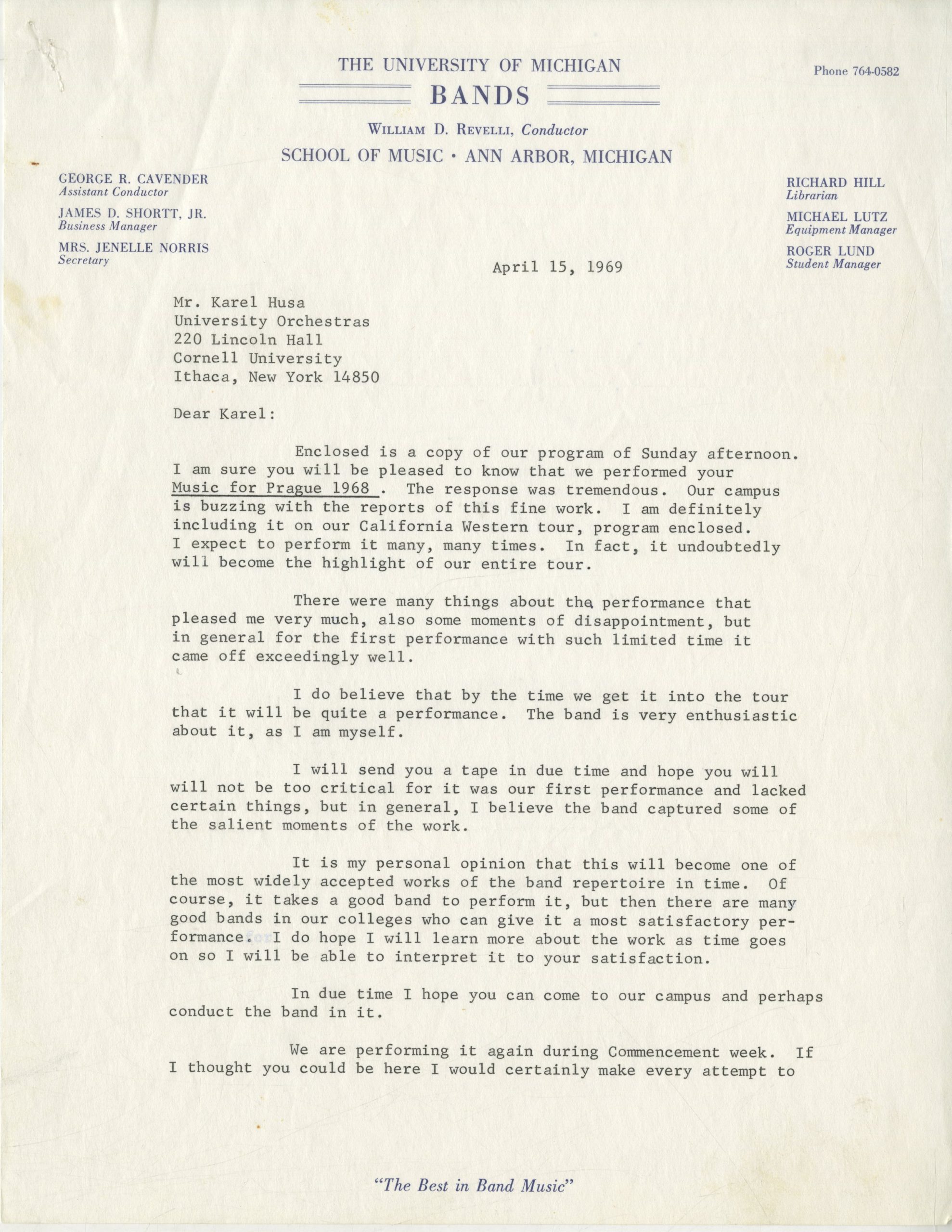 April 1969 letter from William Revelli (page 1).