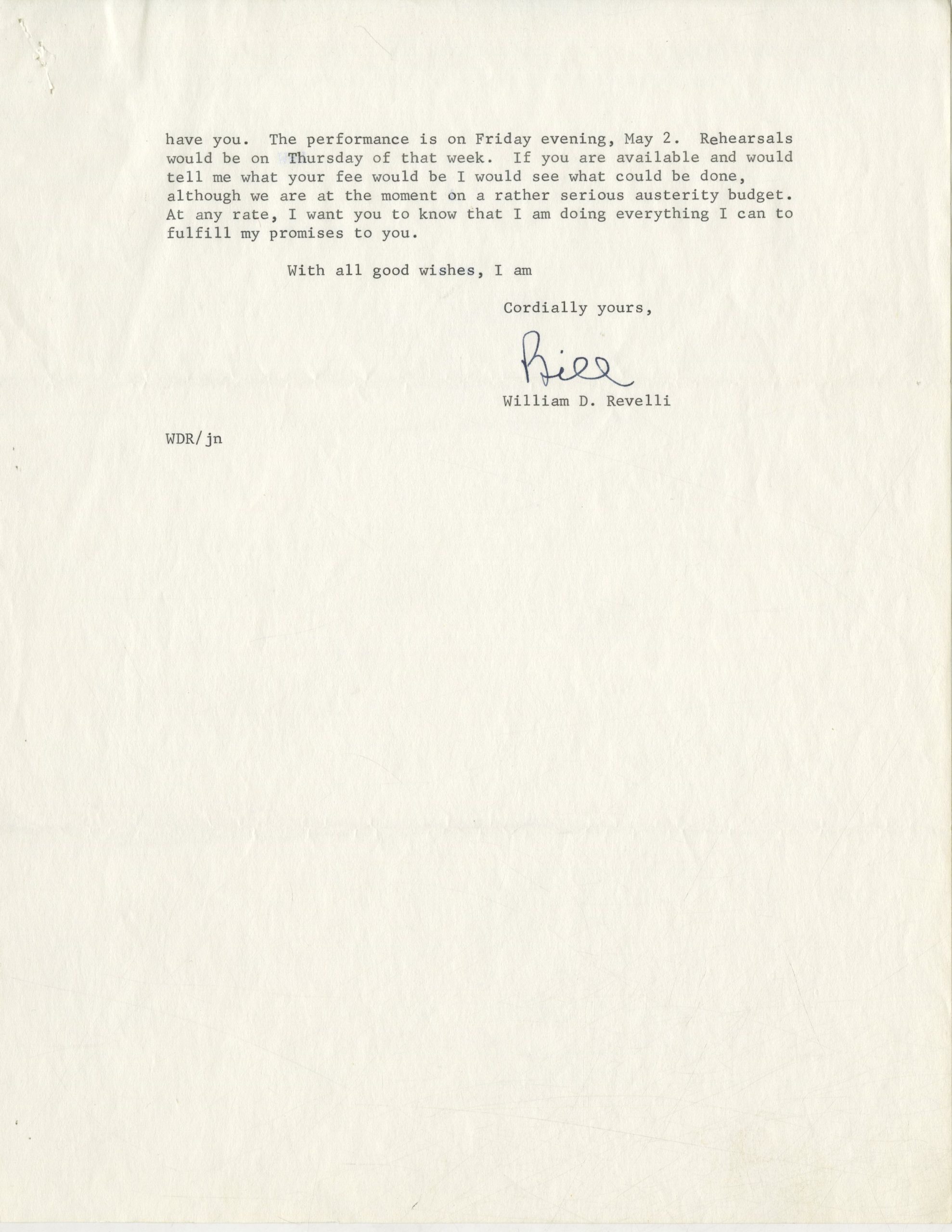 April 1969 letter from William Revelli (page 2). April 1969 letter from William Revelli (page 2).