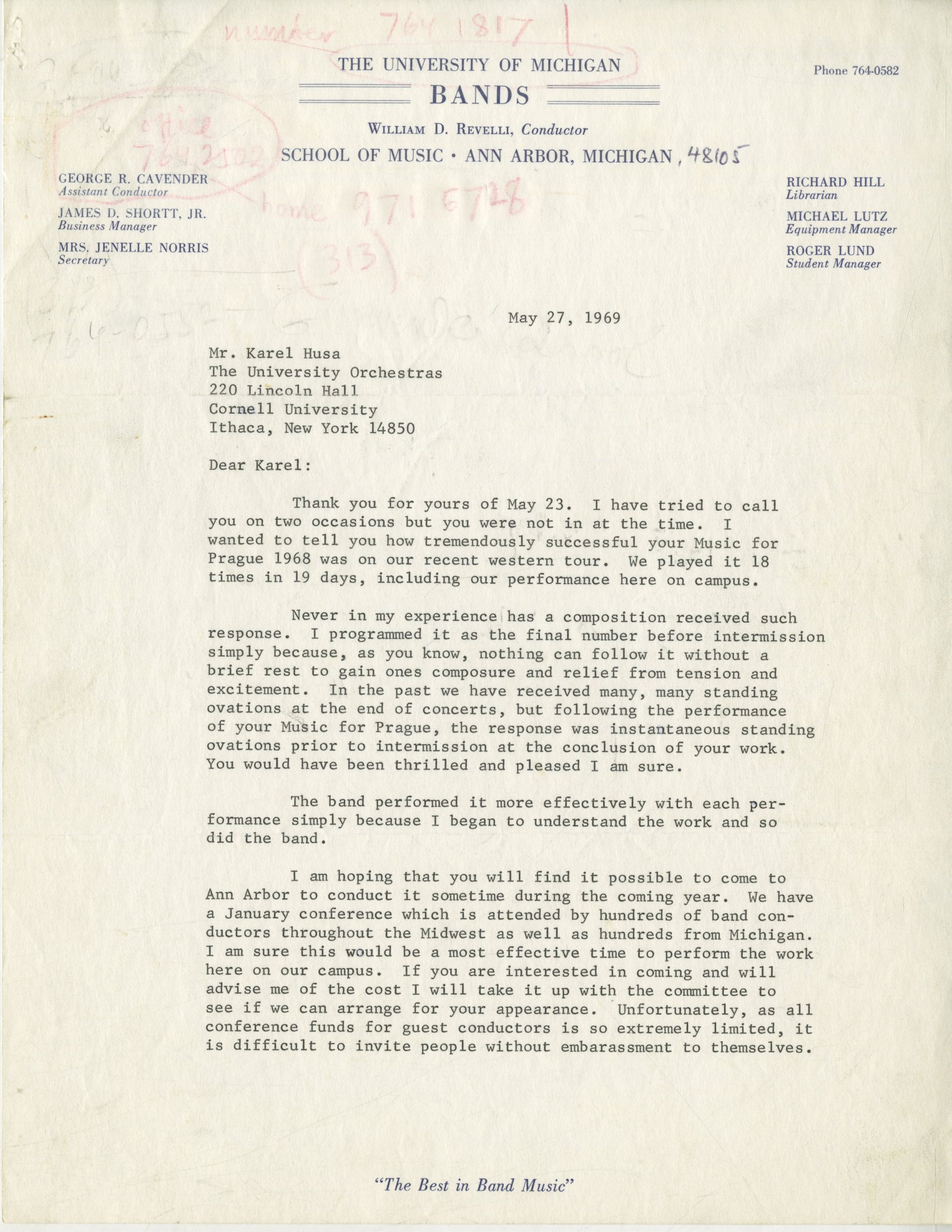 May 1969 letter from William Revelli (page 1). May 1969 letter from William Revelli (page 1).