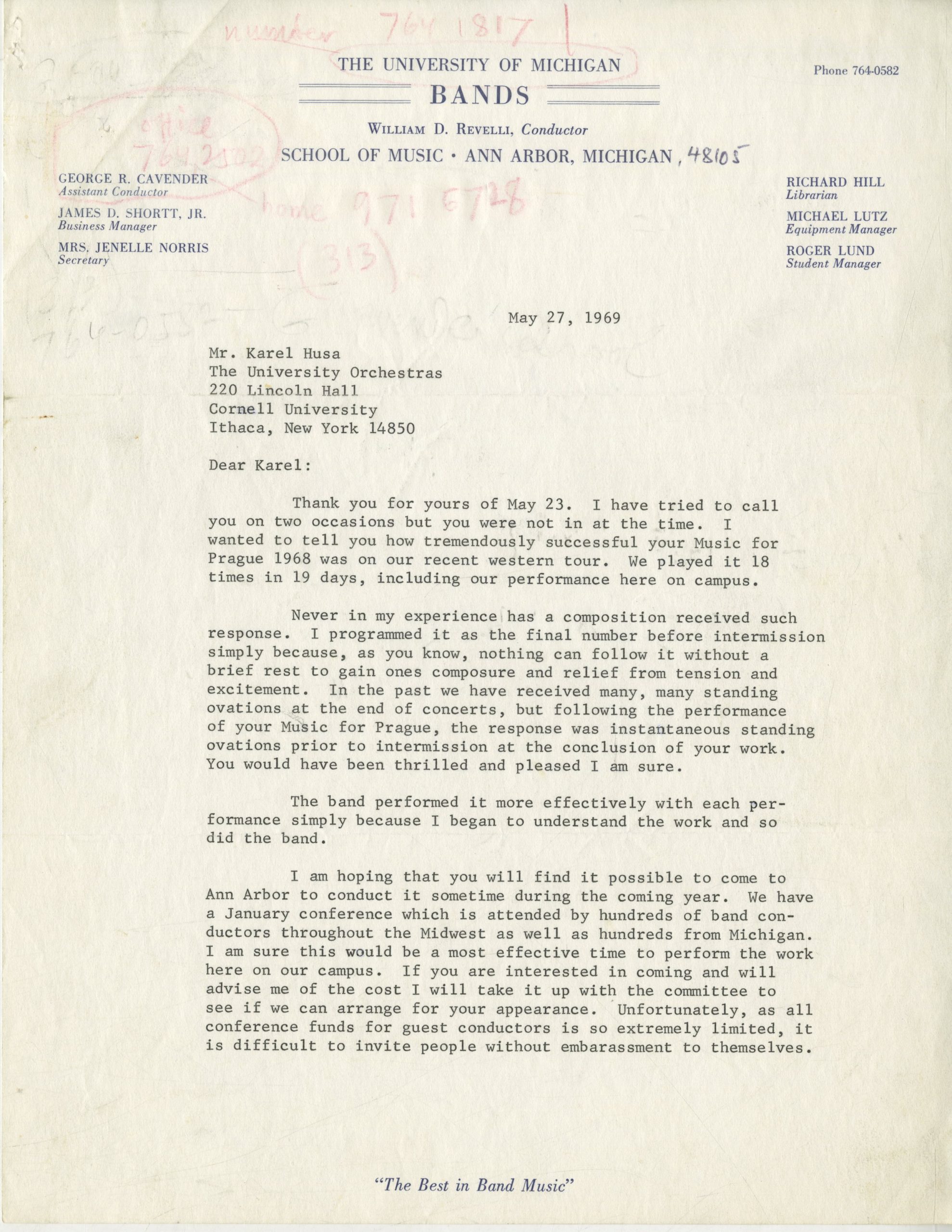 May 1969 letter from William Revelli (page 1).