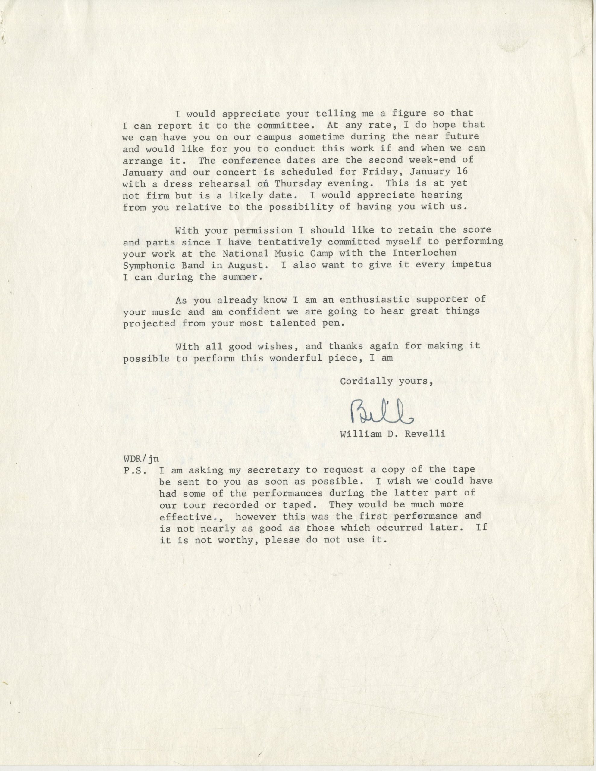 May 1969 letter from William Revelli (page 2). May 1969 letter from William Revelli (page 2).