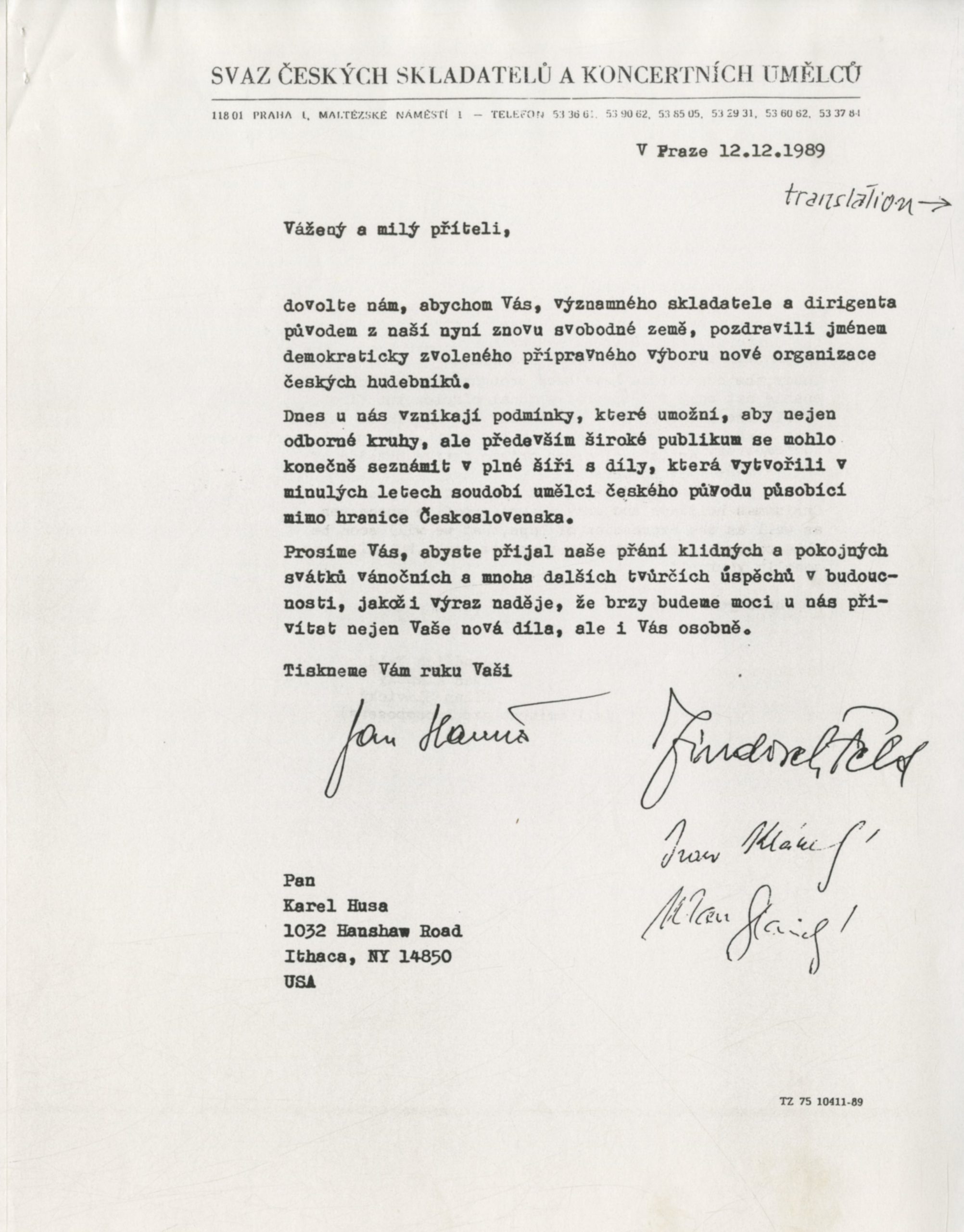 Letter from Czech Composer’s Union. Letter from Czech Composer’s Union.