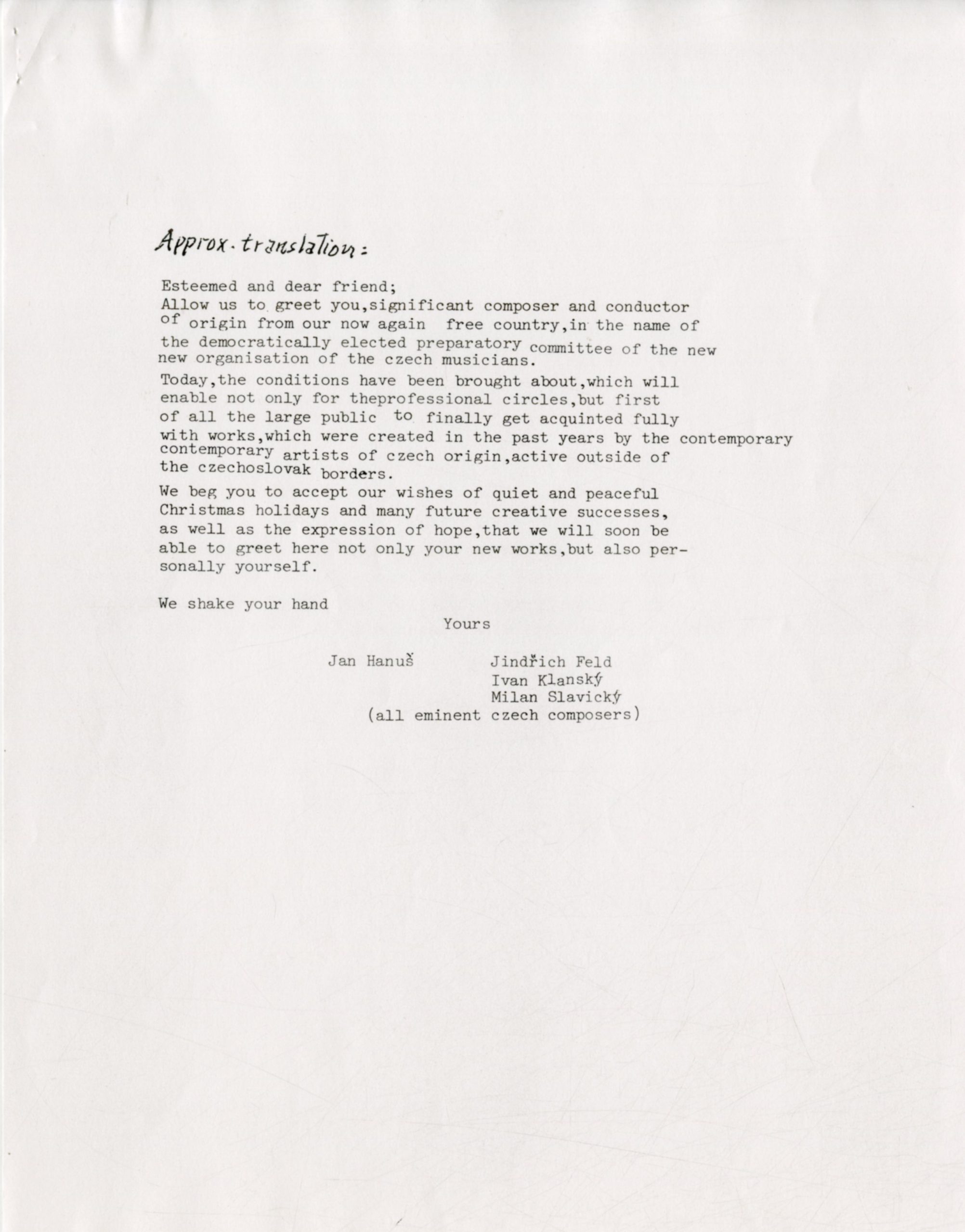 Translation of letter from Czech Composer’s Union.