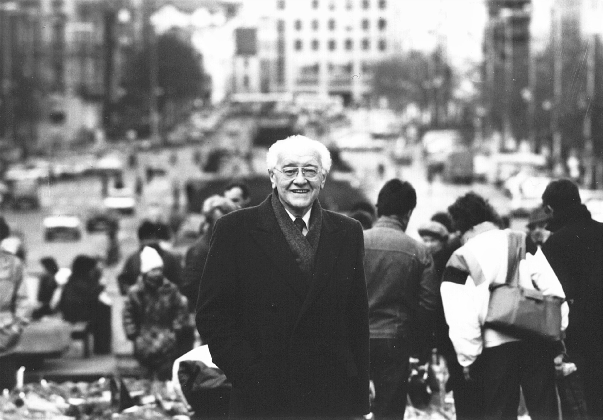 Karel Husa at Wenceslas Place, Prague (Feb 1990);