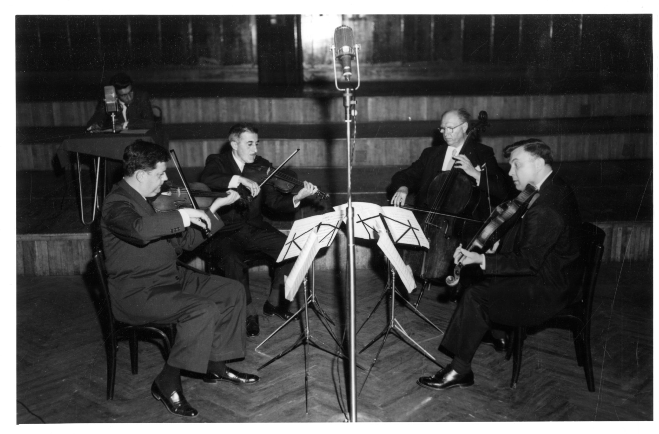 The Eastman String Quartet performing for a radio broadcast in Ankara, Turkey, April 2nd, 1960. John Celentano Collection, Sibley Music Library.
