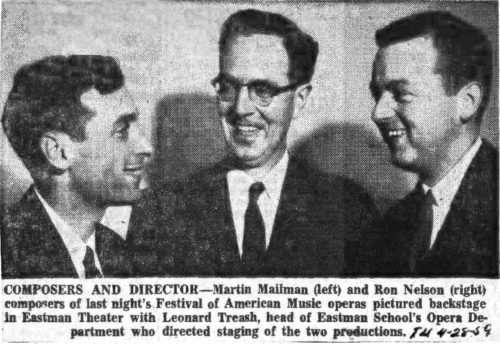 Composers Martin Mailman and Ron Nelson with Director Leonard Treash. Photo published in the Rochester Times-Union, April 28, 1959.