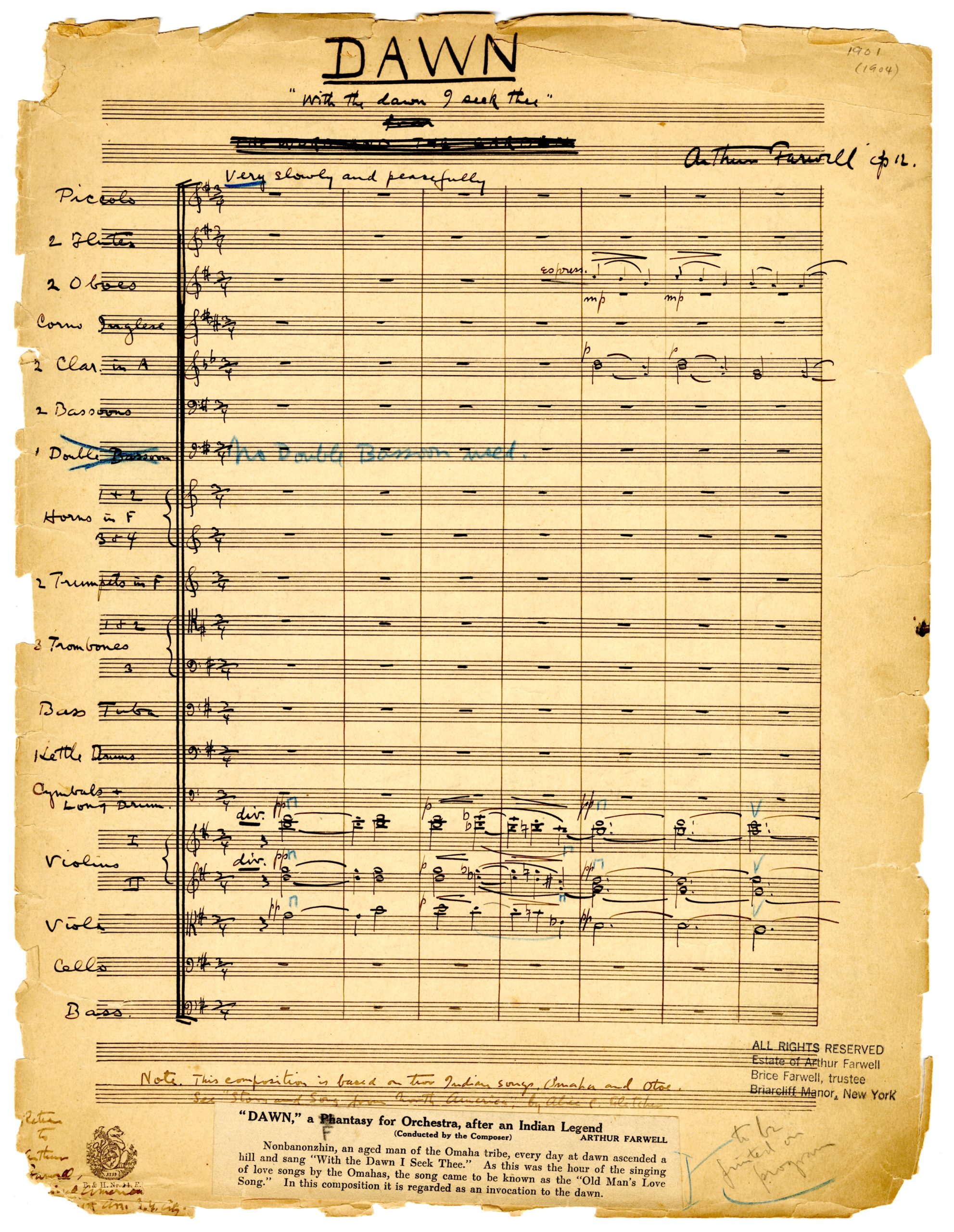 Dawn, orchestral score in ink, page 1. Dawn, orchestral score in ink, page 1.