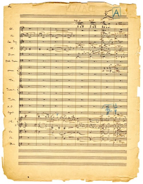 Dawn, orchestral score in ink, page 2.