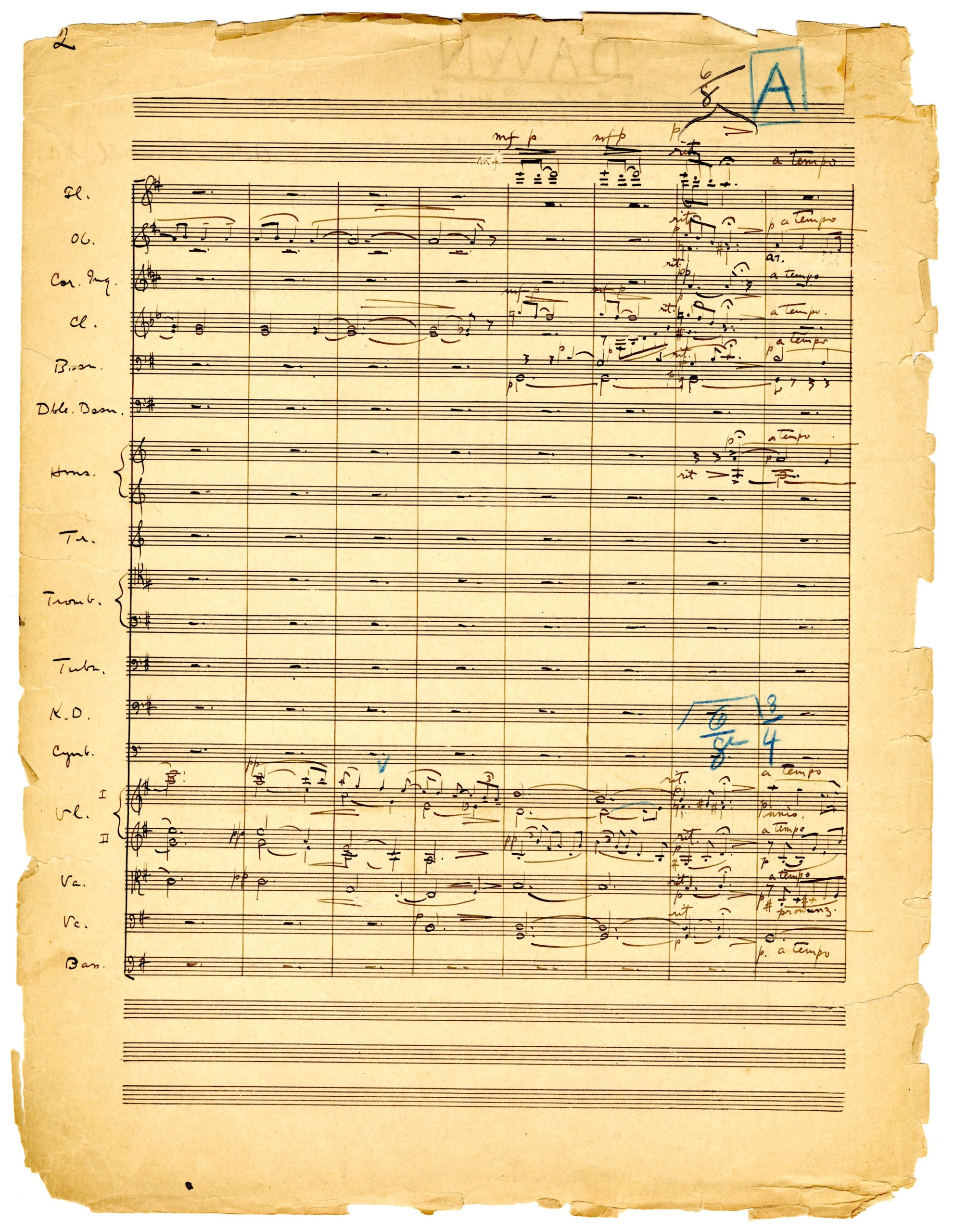 Dawn, orchestral score in ink, page 2. Dawn, orchestral score in ink, page 2.